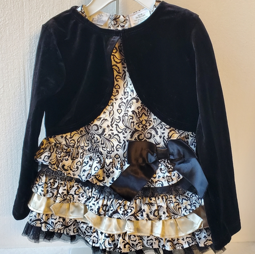 FAO Formal Black and White Ruffled Girls Dress size 24M. + Velvet Jacket 2 pcs